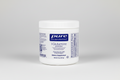 Container of pure encapsulations L-Glutamine powder on a white background