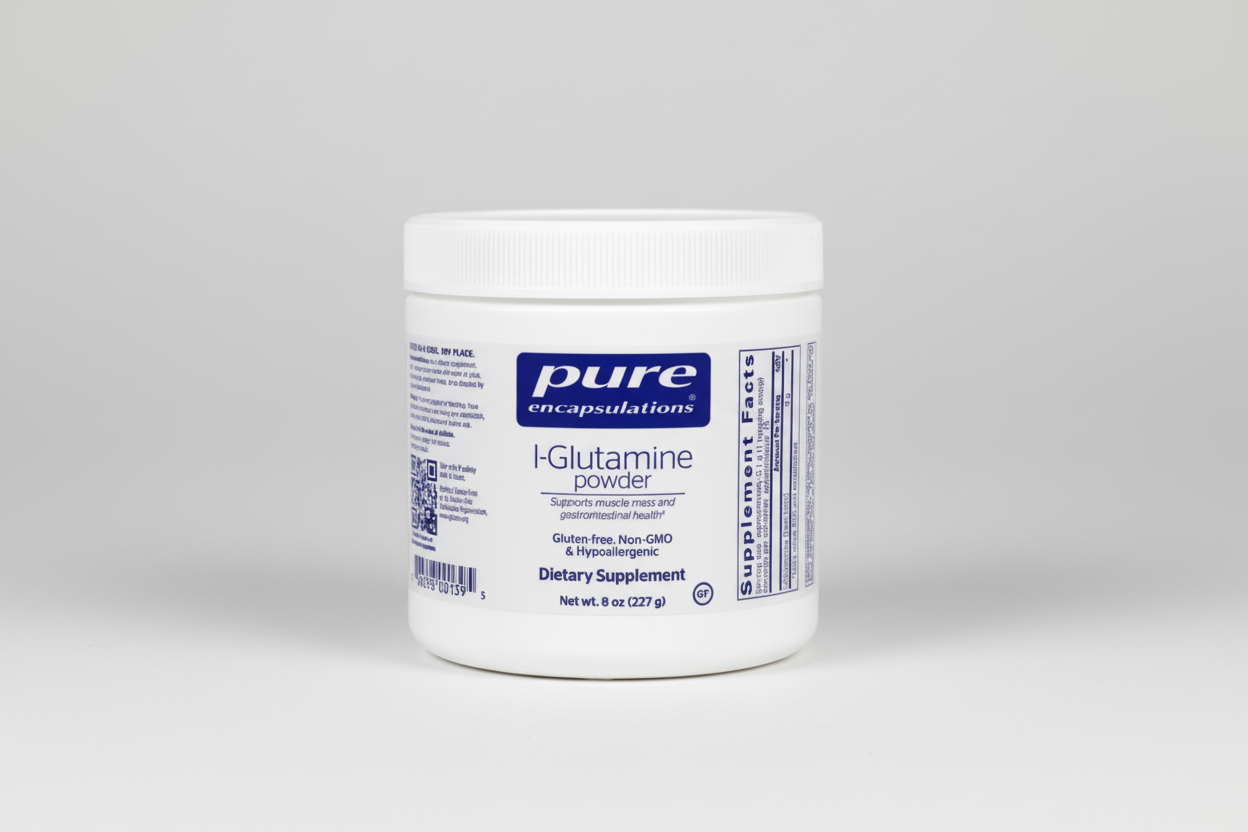 Container of pure encapsulations L-Glutamine powder on a white background