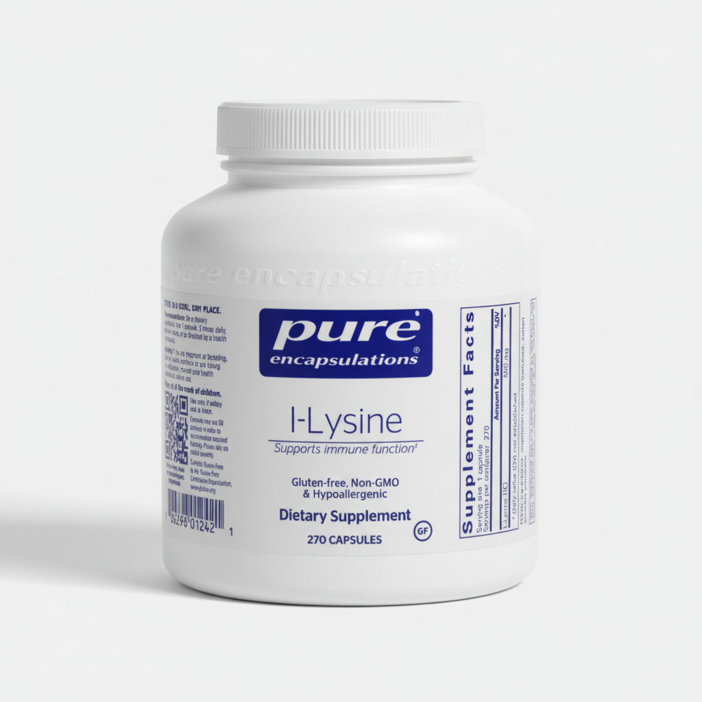 White supplement container labeled 'pure encapsulations' with 'I-Lysine' on a white background