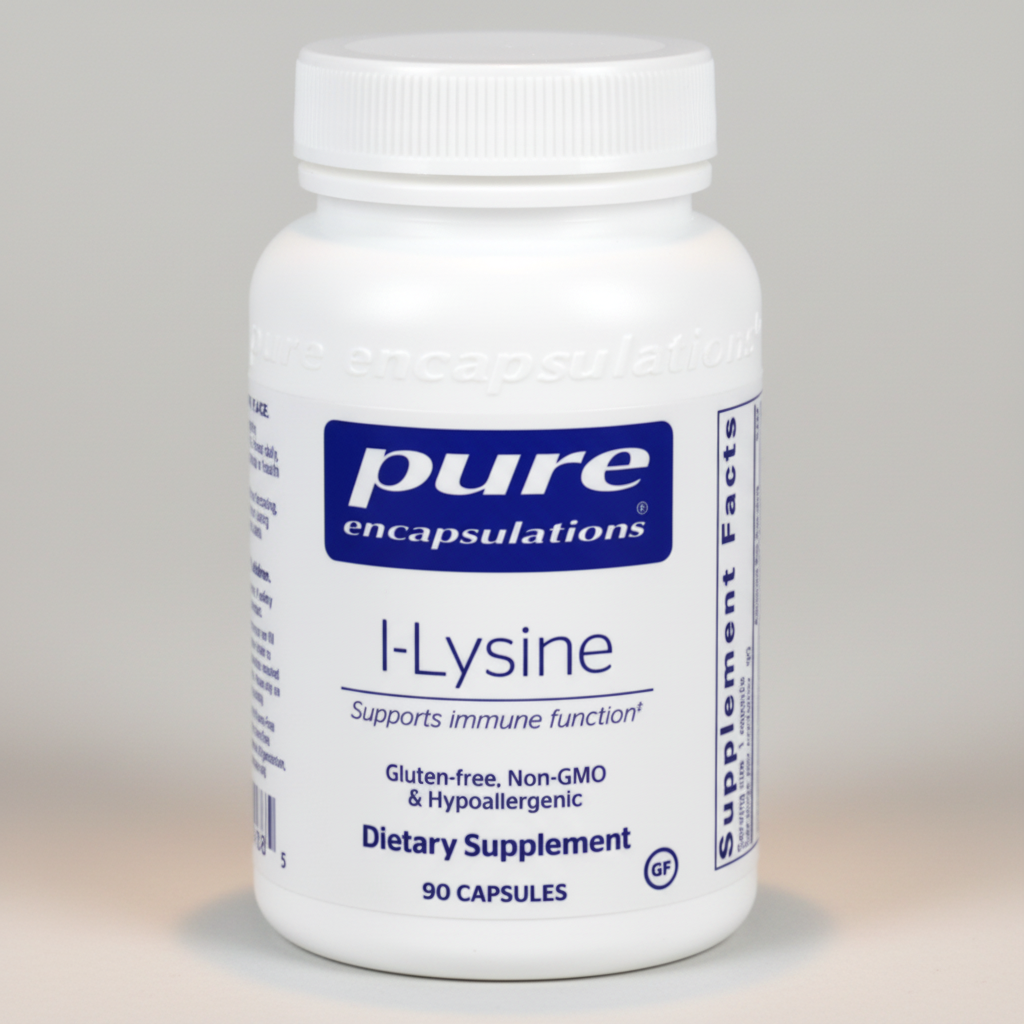 White supplement bottle labeled 'pure encapsulations I-Lysine' on a white background