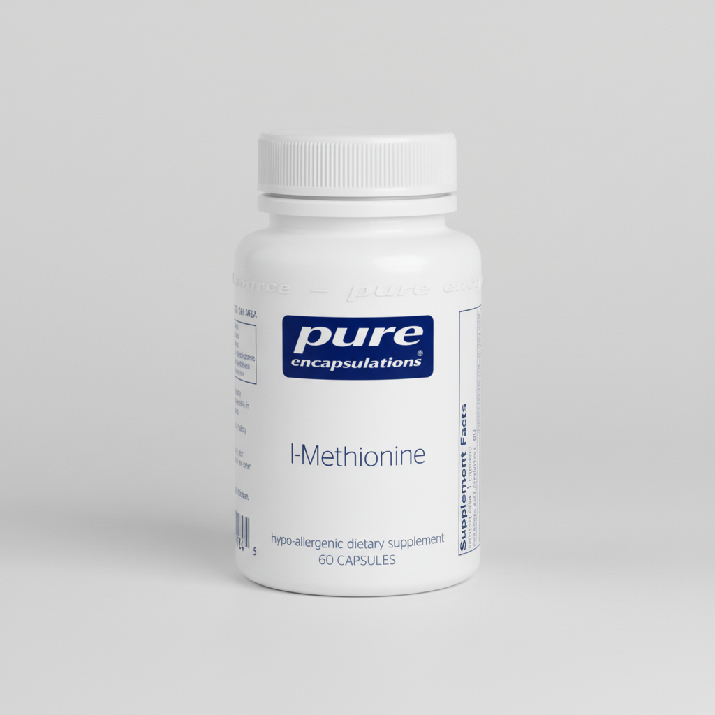 White supplement bottle labeled 'pure encapsulations I-Methionine' on a white background