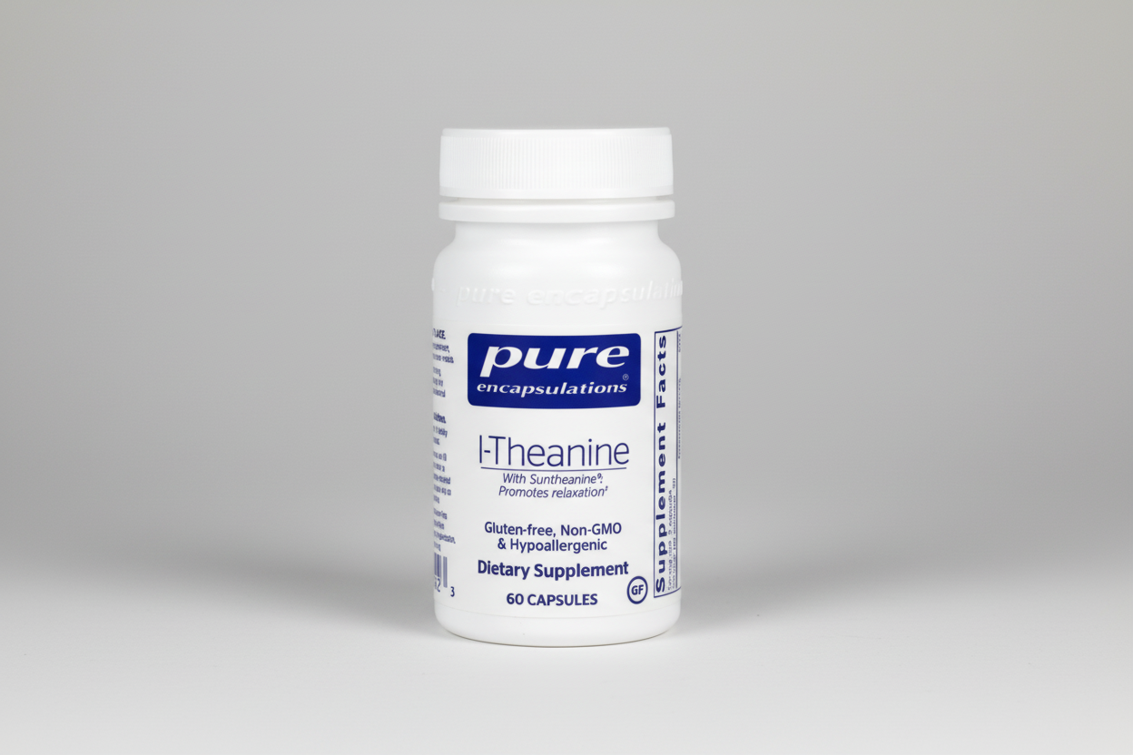 White supplement bottle labeled 'pure encapsulations' on a white background