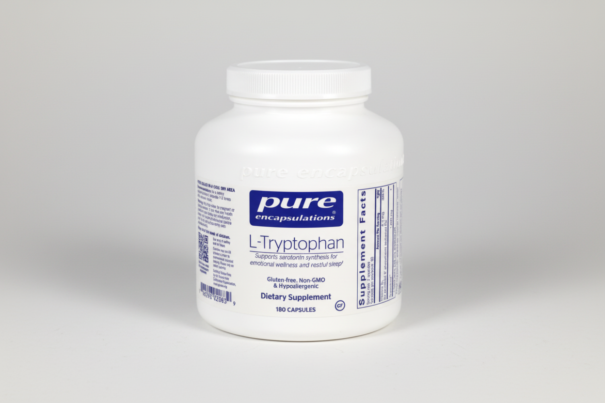 White supplement container labeled 'pure encapsulations L-Tryptophan' on a white background