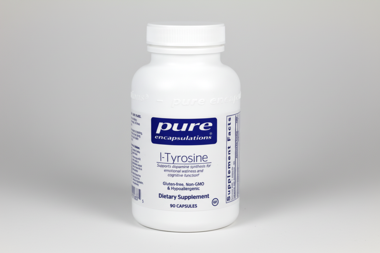 White supplement bottle labeled 'pure encapsulations I-Tyrosine' on a white background
