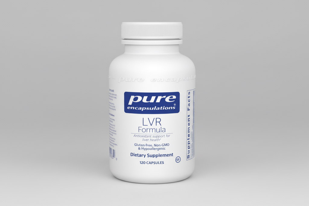 White supplement bottle labeled 'pure encapsulations LVR Formula' on a white background