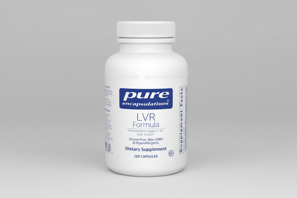 White supplement bottle labeled 'pure encapsulations LVR Formula' on a white background