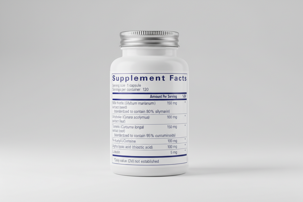 Supplement facts label with various herbal extracts and their amounts per serving.