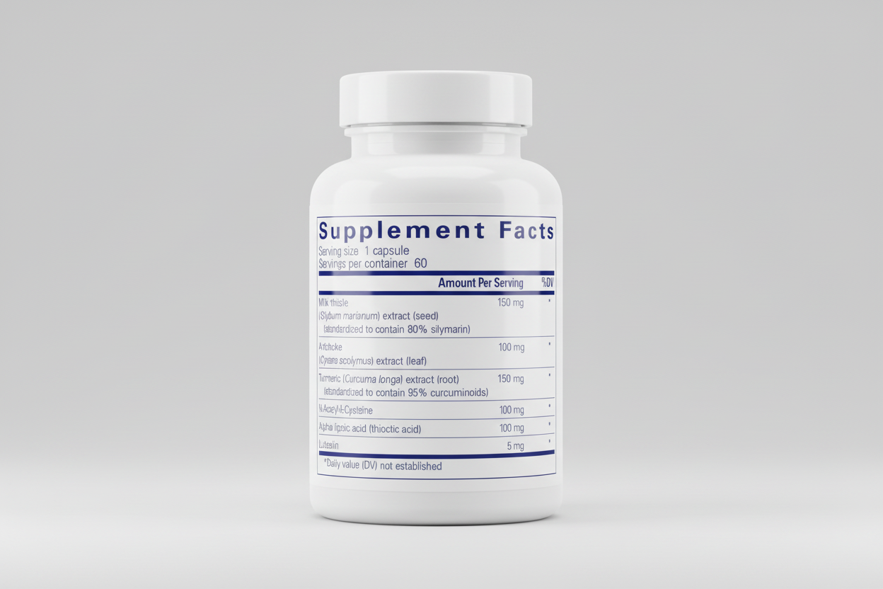 Supplement facts label with various extracts and their amounts per serving