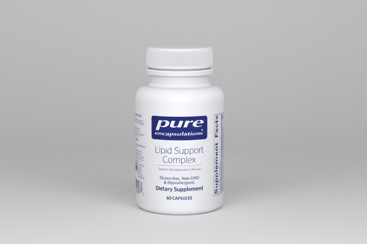 White supplement bottle labeled 'pure encapsulations Lipid Support Complex' on a white background