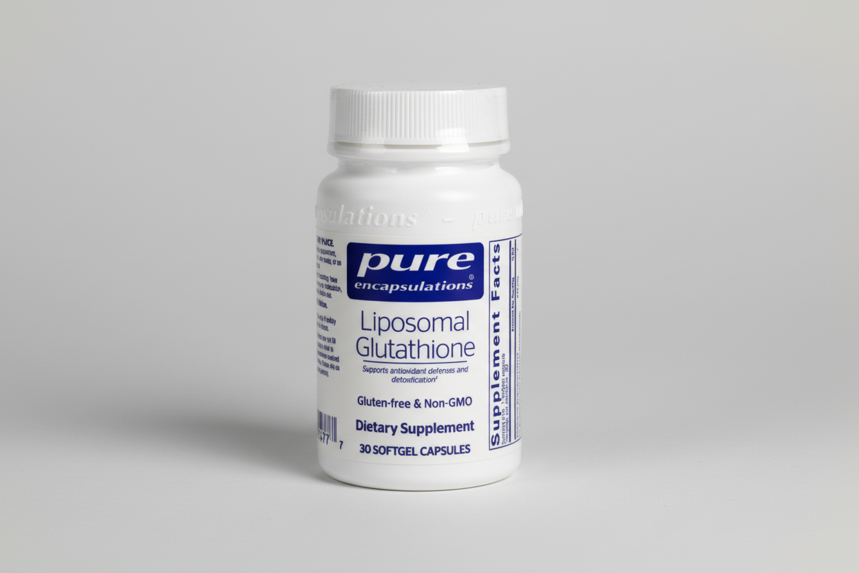 Supplement bottle labeled 'Liposomal Glutathione' by Pure Encapsulations on a white background