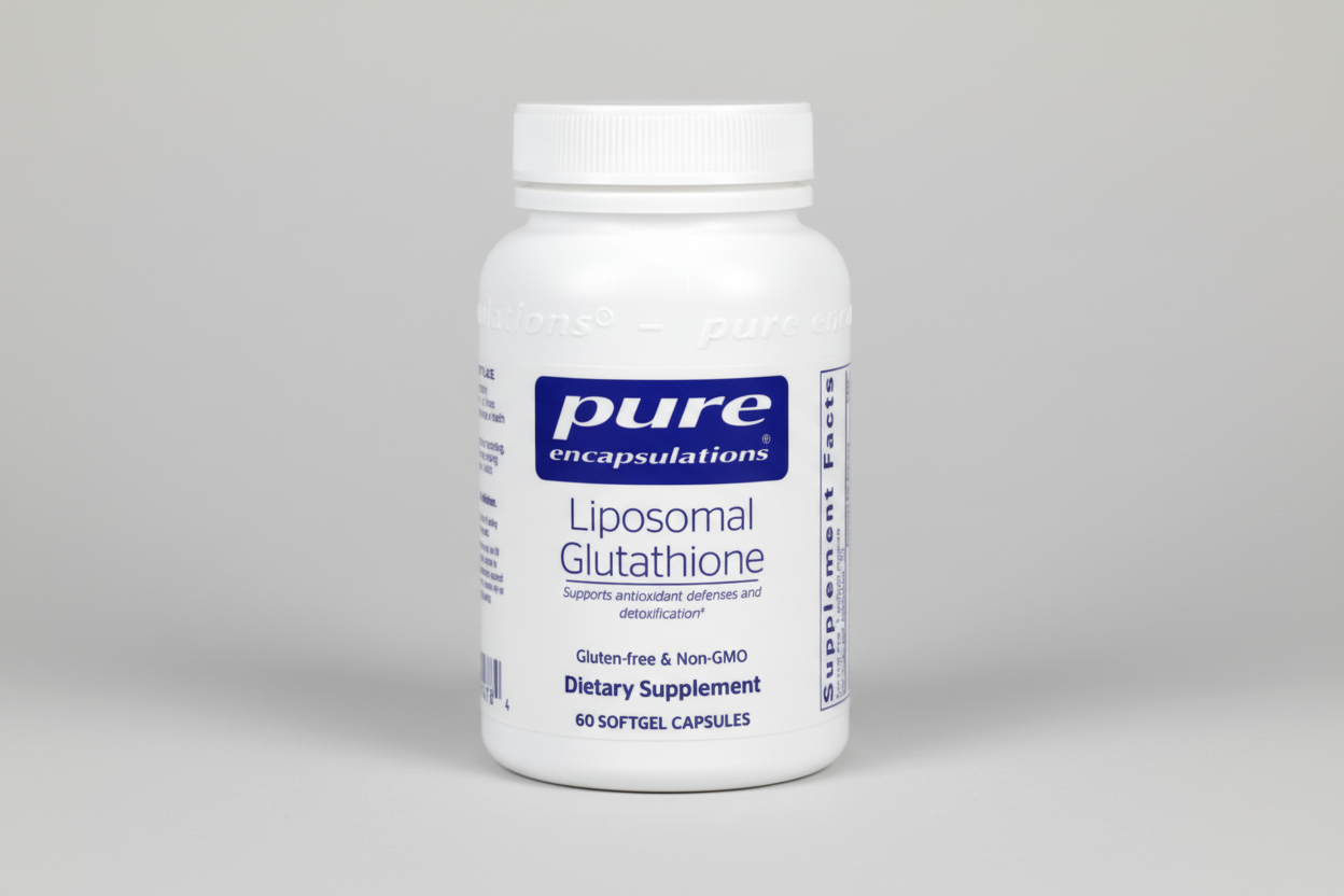 Bottle of pure encapsulations Liposomal Glutathione dietary supplement on a white background