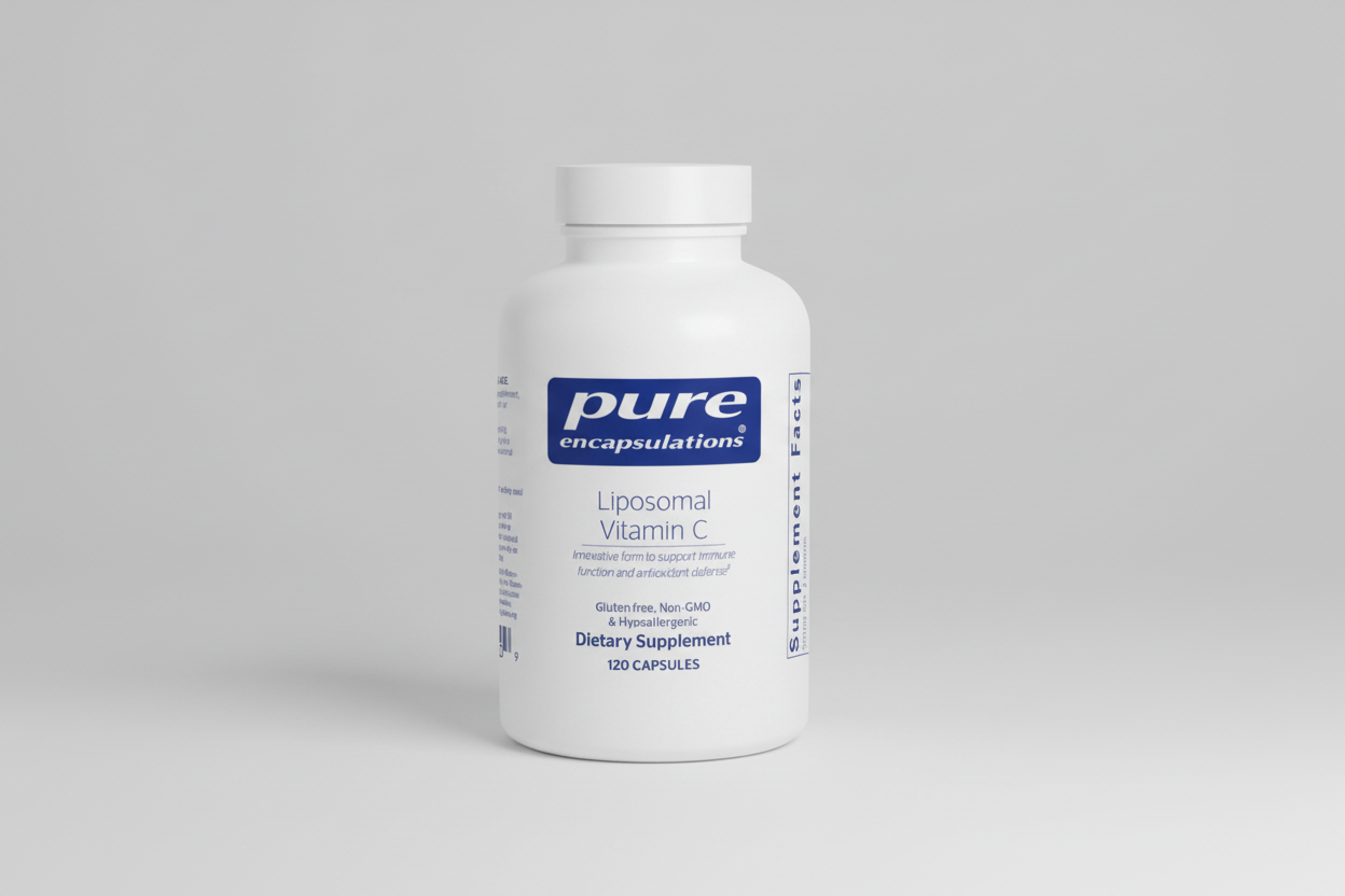 White bottle of pure encapsulations Liposomal Vitamin C supplement on a white background