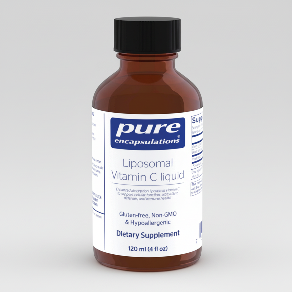 Bottle of pure encapsulations Liposomal Vitamin C liquid on a white background