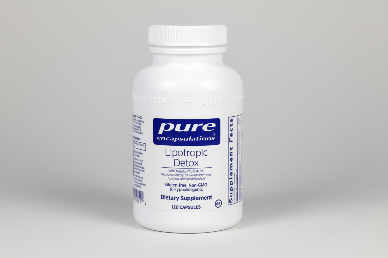 White supplement bottle labeled 'pure encapsulations Lipotropic Detox' on a white background