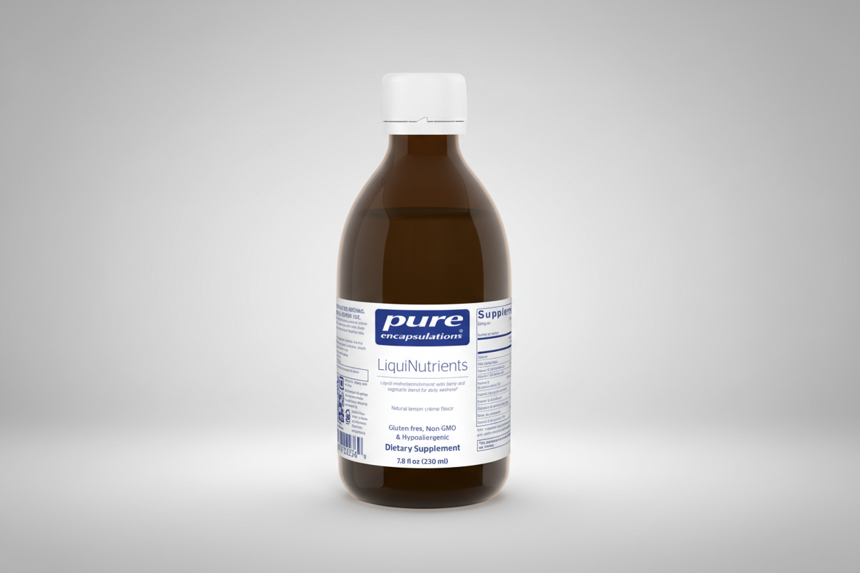 Bottle of pure encapsulations LiquiNutrients dietary supplement on a white background