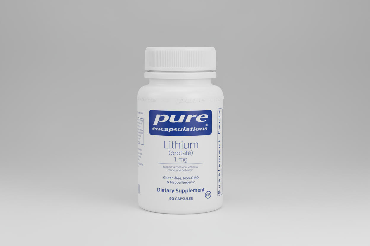 Supplement bottle labeled 'pure encapsulations' with lithium orotate on a white background