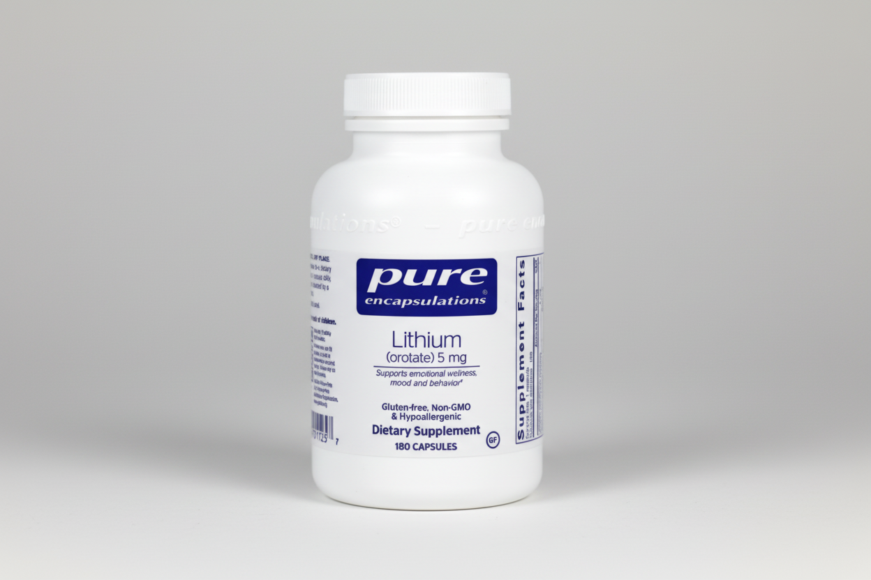 White supplement bottle labeled 'pure encapsulations' with lithium on a white background