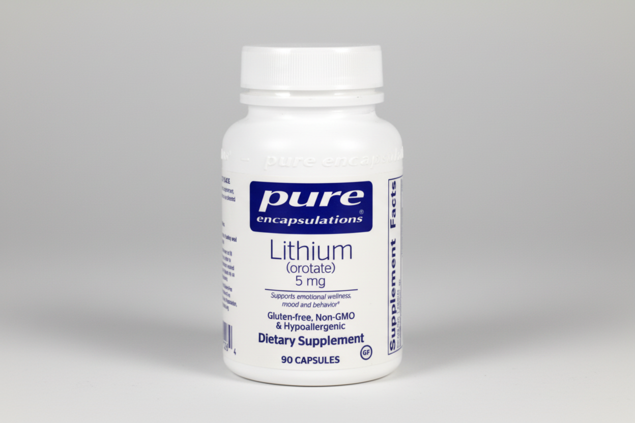 White bottle of Pure Encapsulations Lithium supplement on a white background