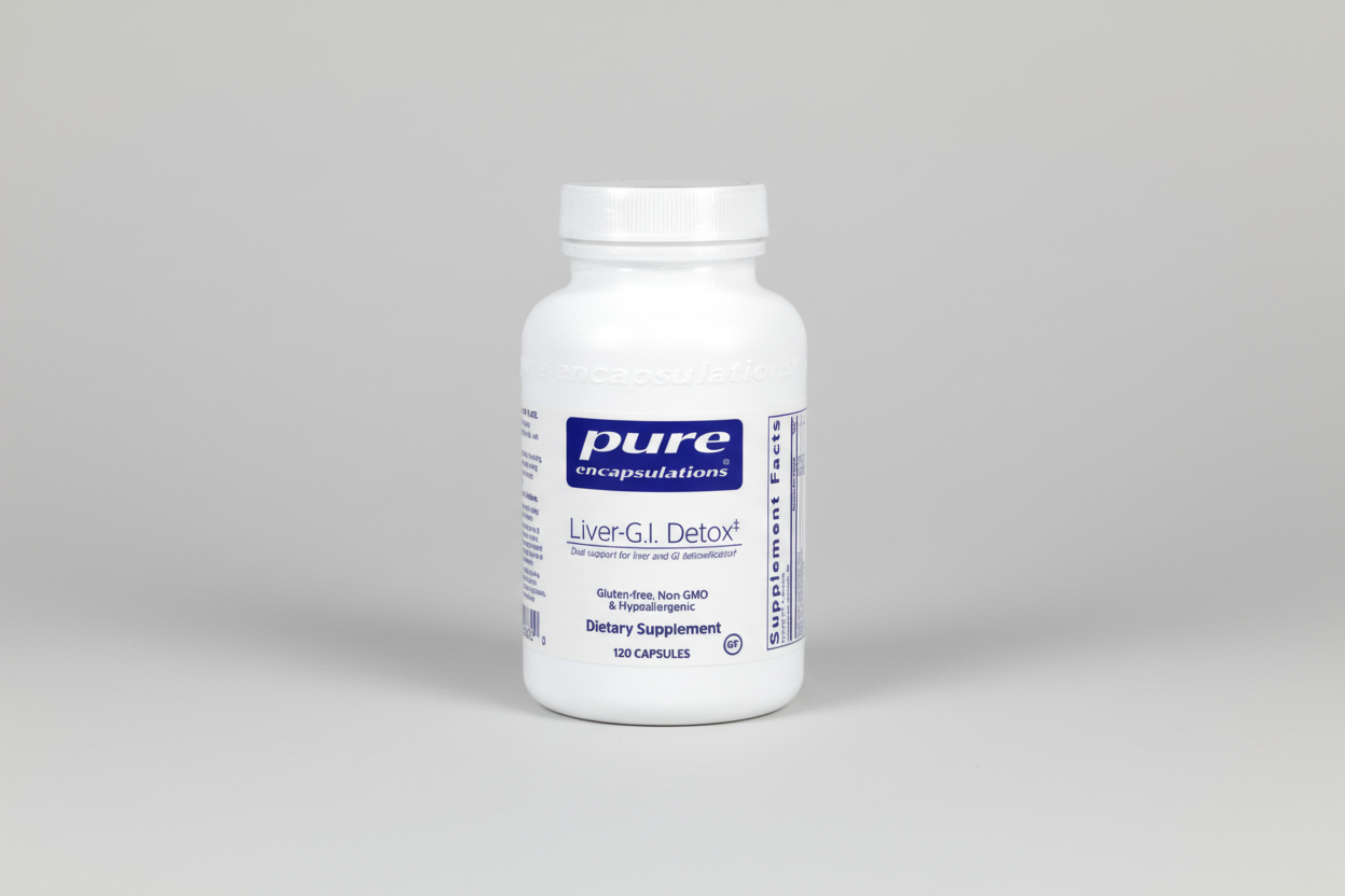 White supplement bottle labeled 'pure encapsulations Liver-G.I. Detox' on a white background