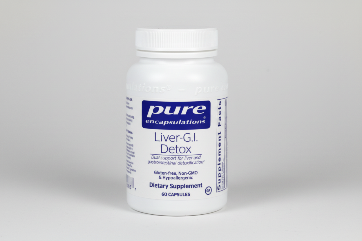 Supplement bottle labeled 'Liver-G.I. Detox' by Pure Encapsulations on a white background