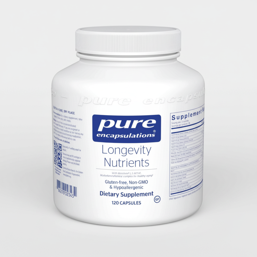 White supplement container labeled 'Longevity Nutrients' by Pure Encapsulations on a white background
