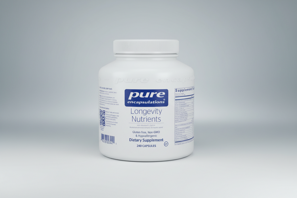 White supplement container labeled 'pure encapsulations Longevity Nutrients' on a white background