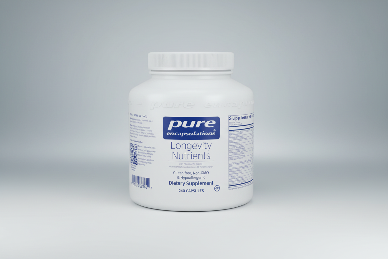 White supplement container labeled 'pure encapsulations Longevity Nutrients' on a white background