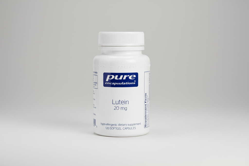 White bottle of pure encapsulations Lutein 20 mg supplement on a white background