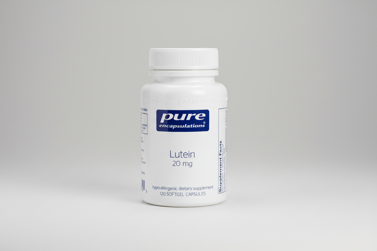 White bottle of pure encapsulations Lutein 20 mg supplement on a white background