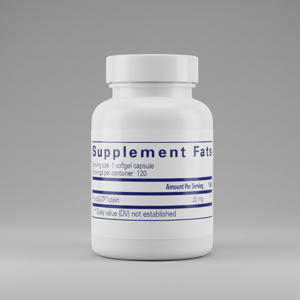 Supplement facts label for FloraGLO lutein capsules with serving size, servings per container, and amount per serving details.