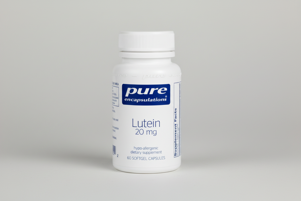 Bottle of Pure Encapsulations Lutein 20 mg supplement on a white background