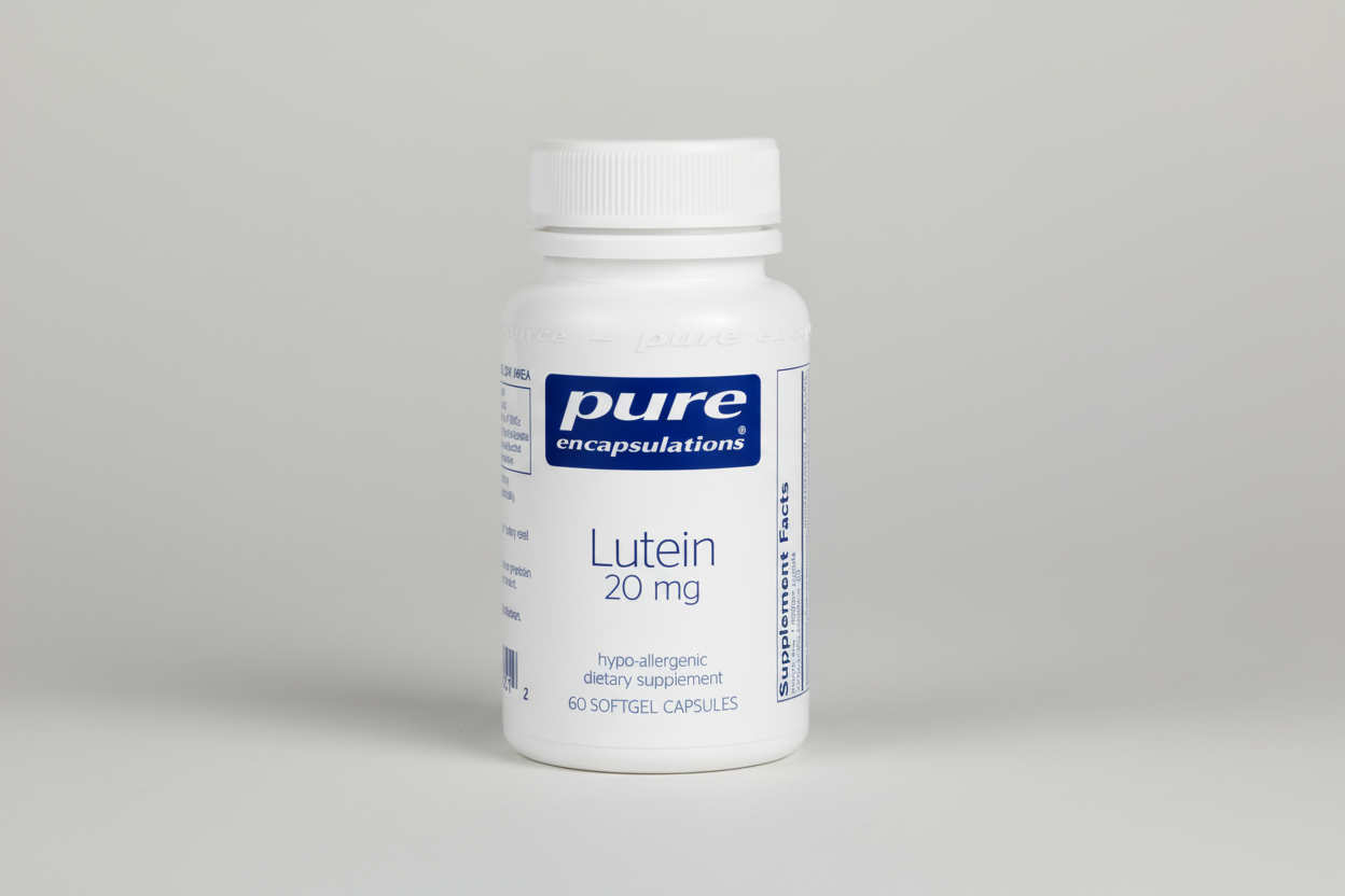 Bottle of Pure Encapsulations Lutein 20 mg supplement on a white background