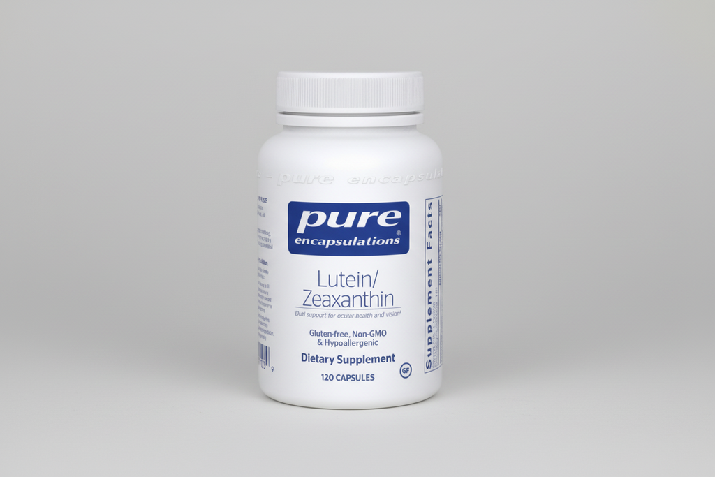 Supplement bottle labeled 'pure encapsulations Lutein/Zeaxanthin' on a white background