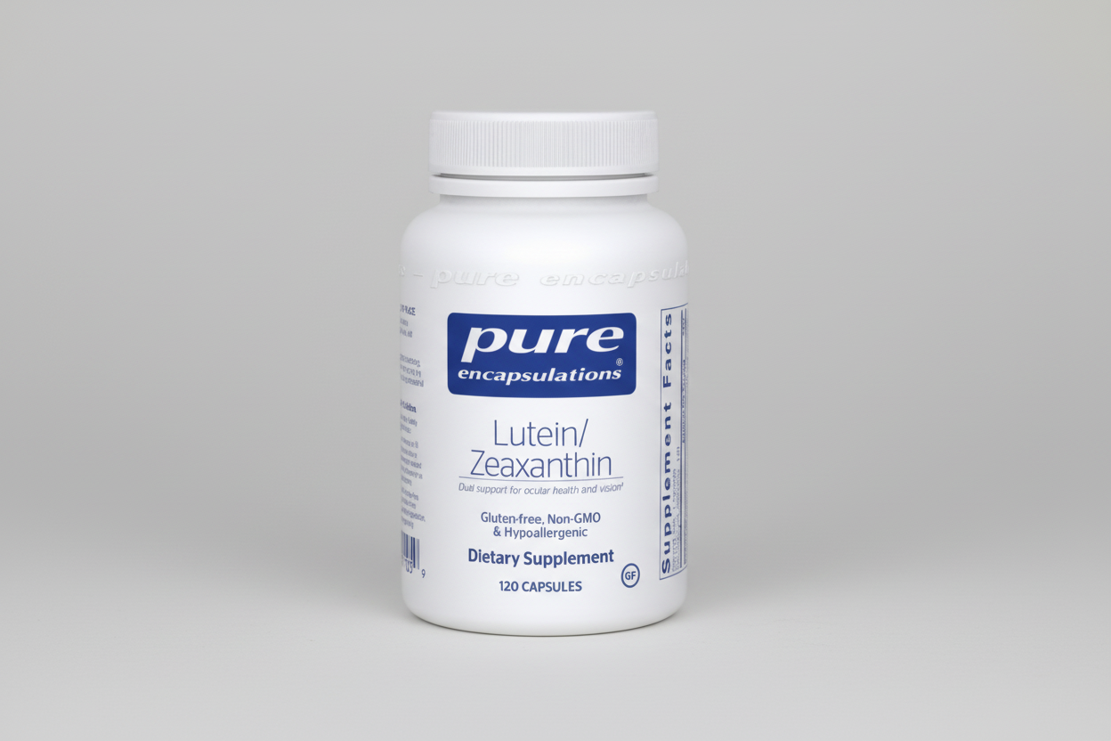 Supplement bottle labeled 'pure encapsulations Lutein/Zeaxanthin' on a white background