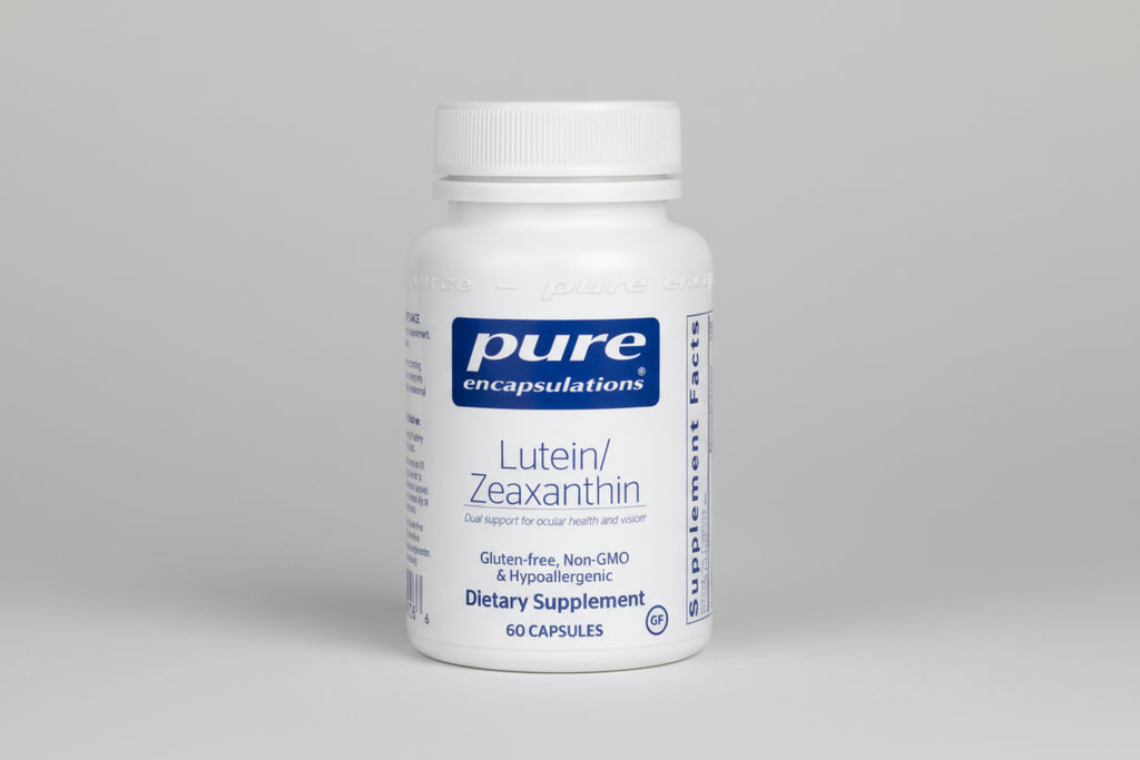 Supplement bottle labeled 'pure encapsulations Lutein/Zeaxanthin' on a white background