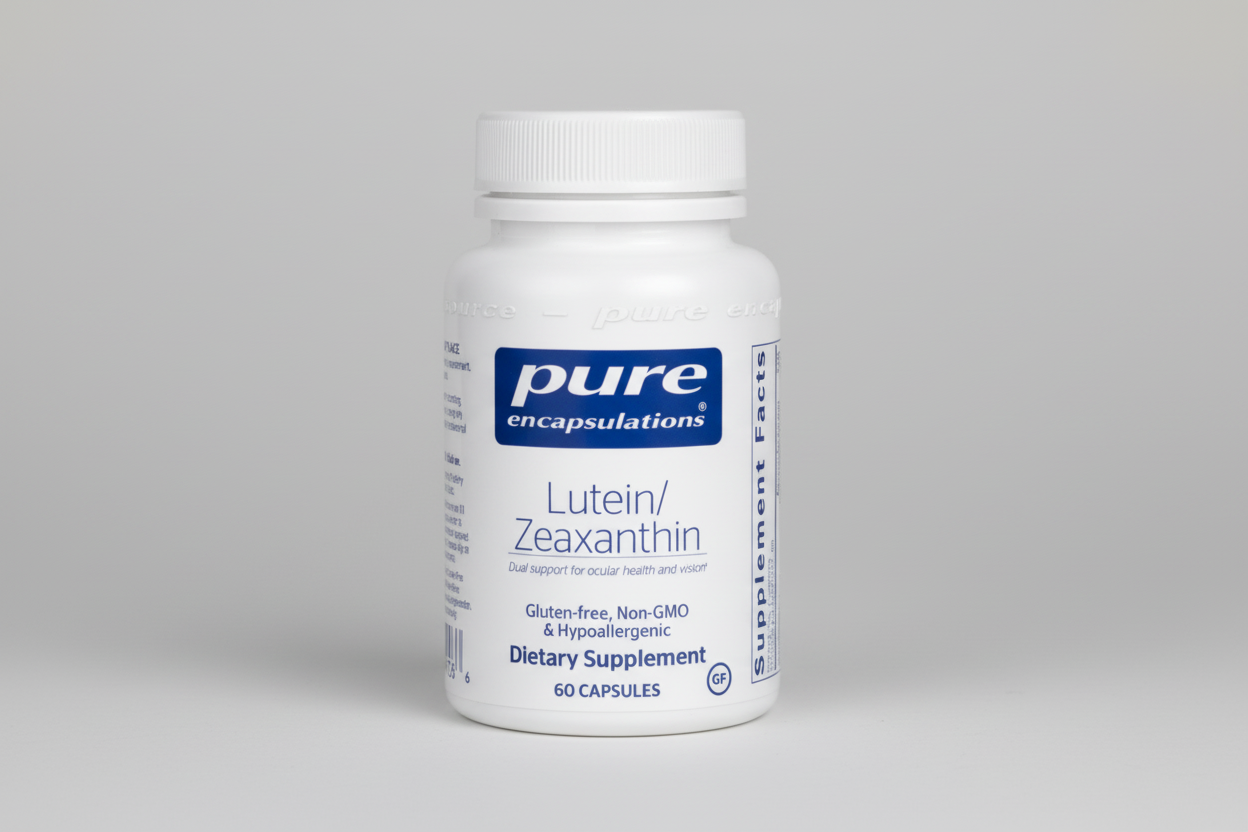 Supplement bottle labeled 'pure encapsulations Lutein/Zeaxanthin' on a white background