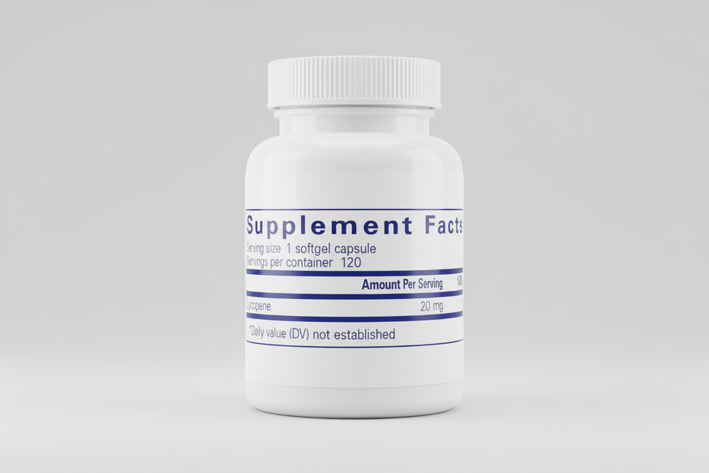 Supplement facts label for a product with lycopene on a blue background