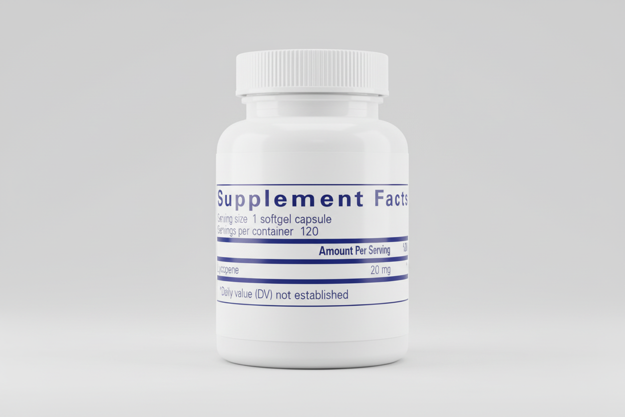 Supplement facts label for a product with lycopene on a blue background