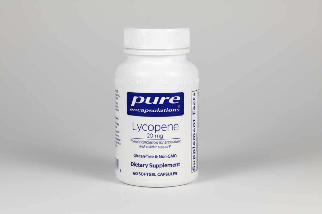 Supplement bottle labeled 'pure encapsulations Lycopene 20 mg' on a white background