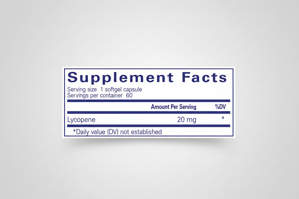 Supplement facts label for a product with lycopene on a blue background