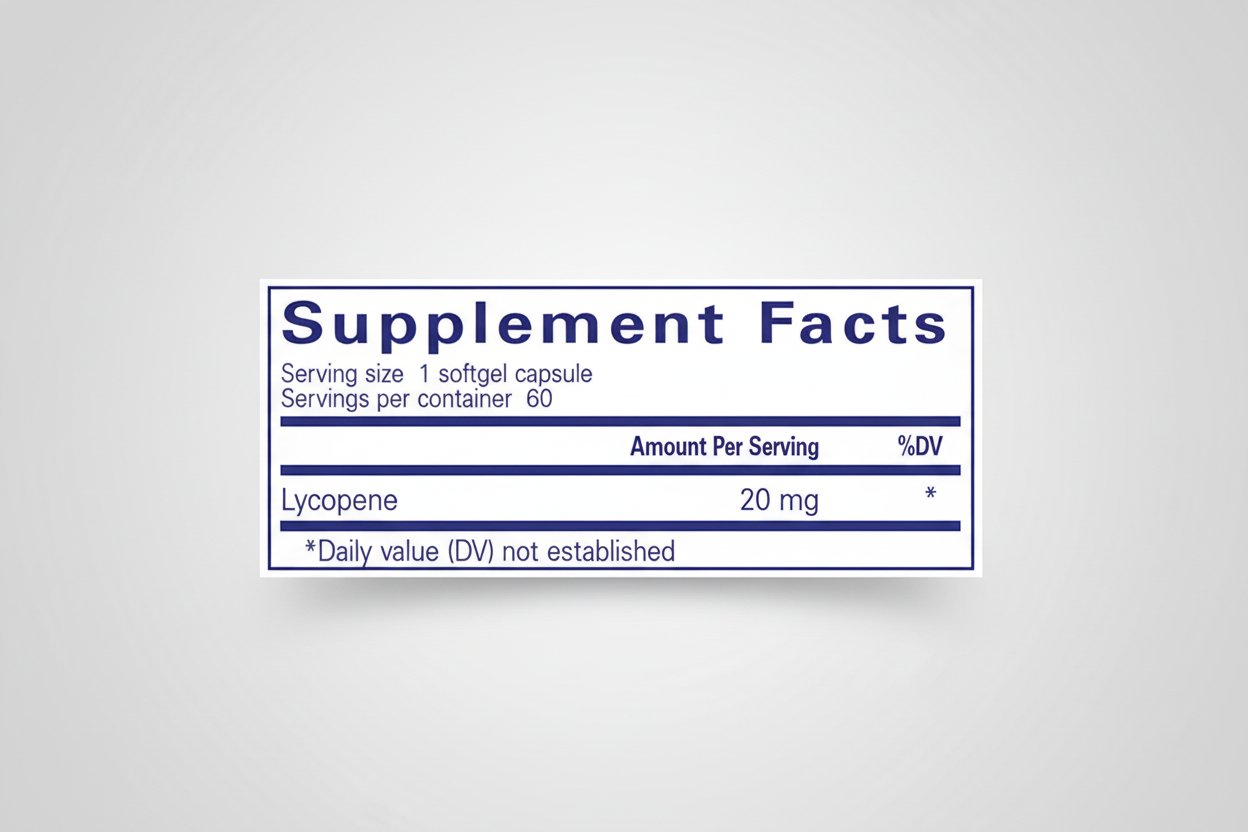 Supplement facts label for a product with lycopene on a blue background