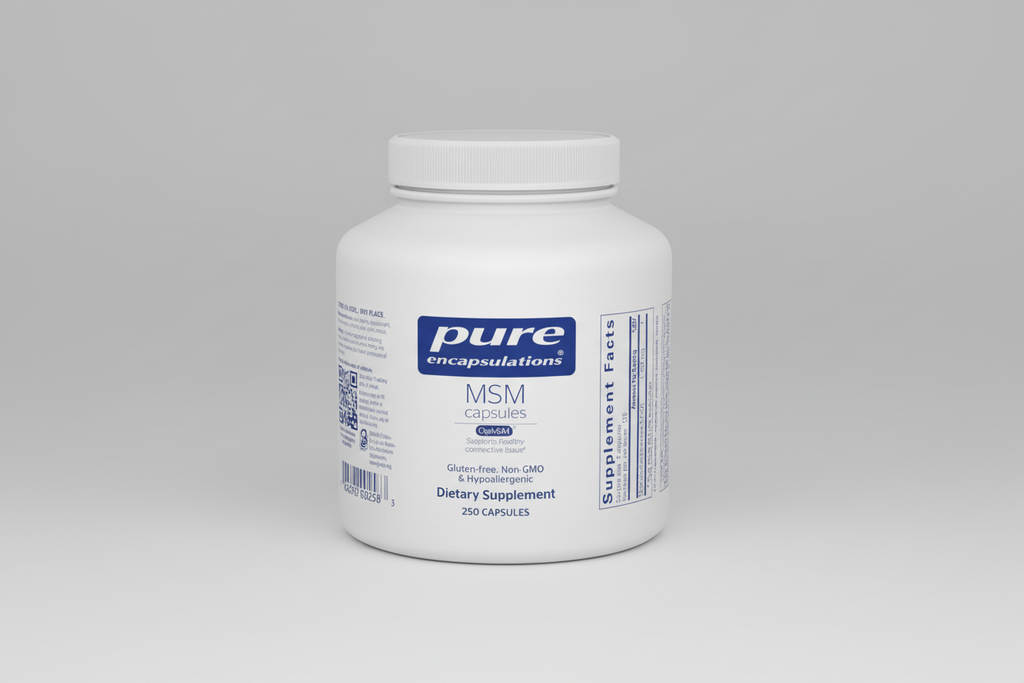 White container of pure encapsulations MSM capsules on a white background