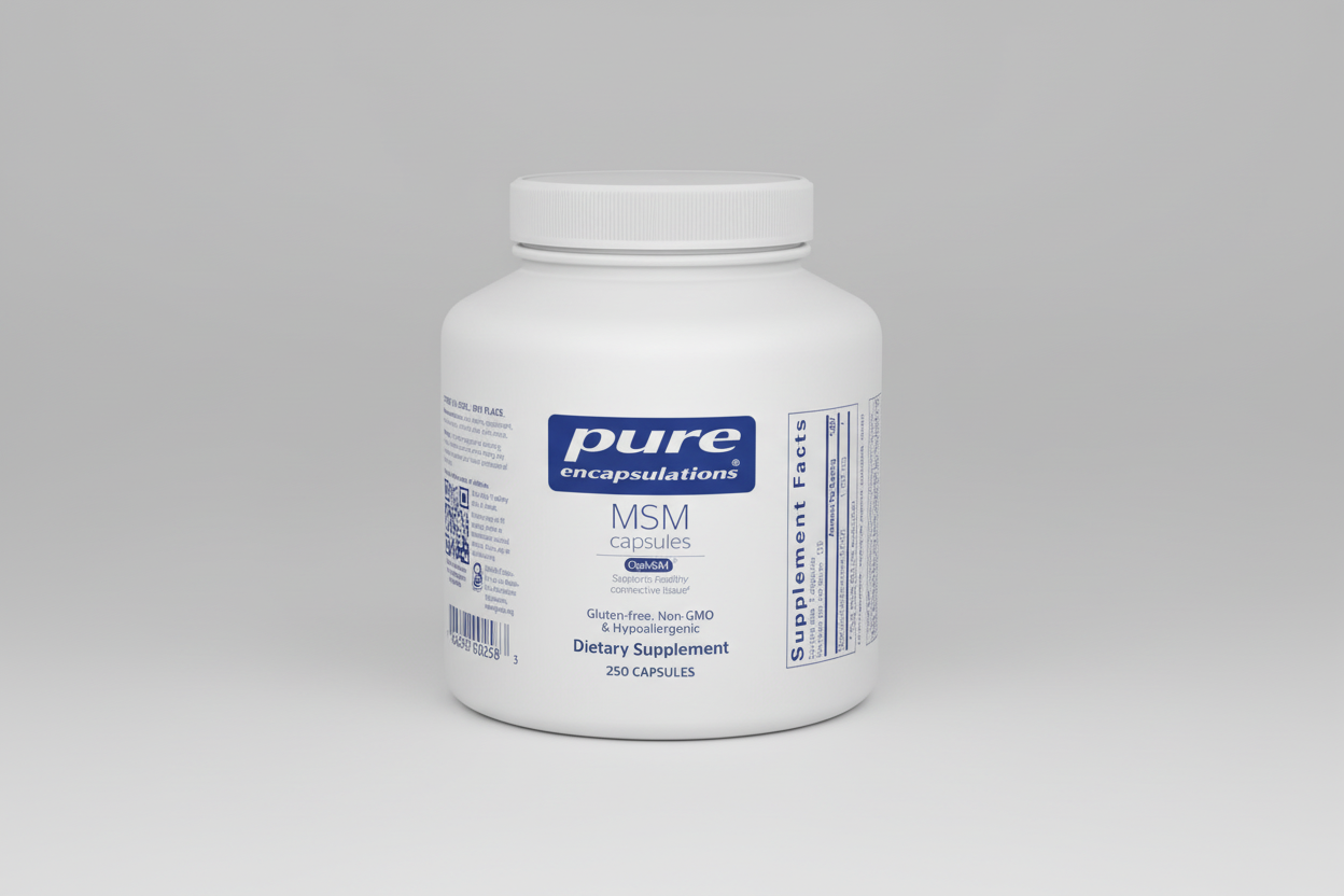 White container of pure encapsulations MSM capsules on a white background