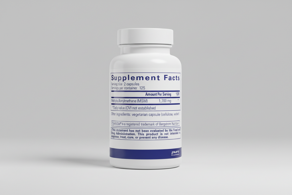 Supplement facts label for Methylsulfonylmethane (MSM) with serving size and container details.