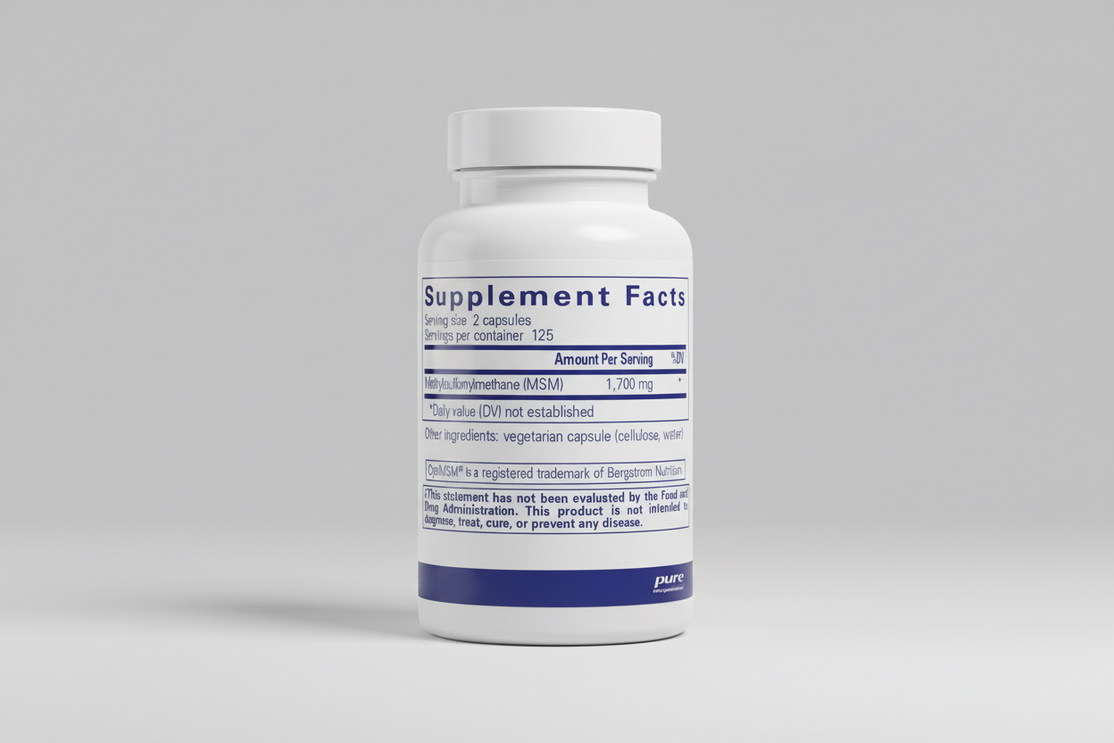 Supplement facts label for Methylsulfonylmethane (MSM) with serving size and container details.