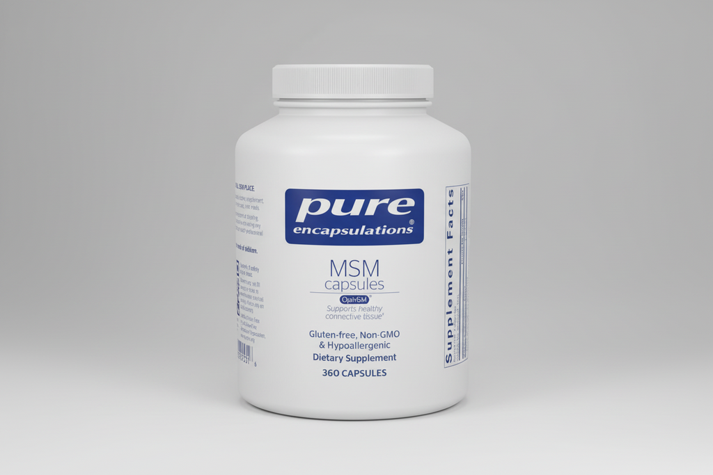 White container of pure encapsulations MSM capsules on a white background
