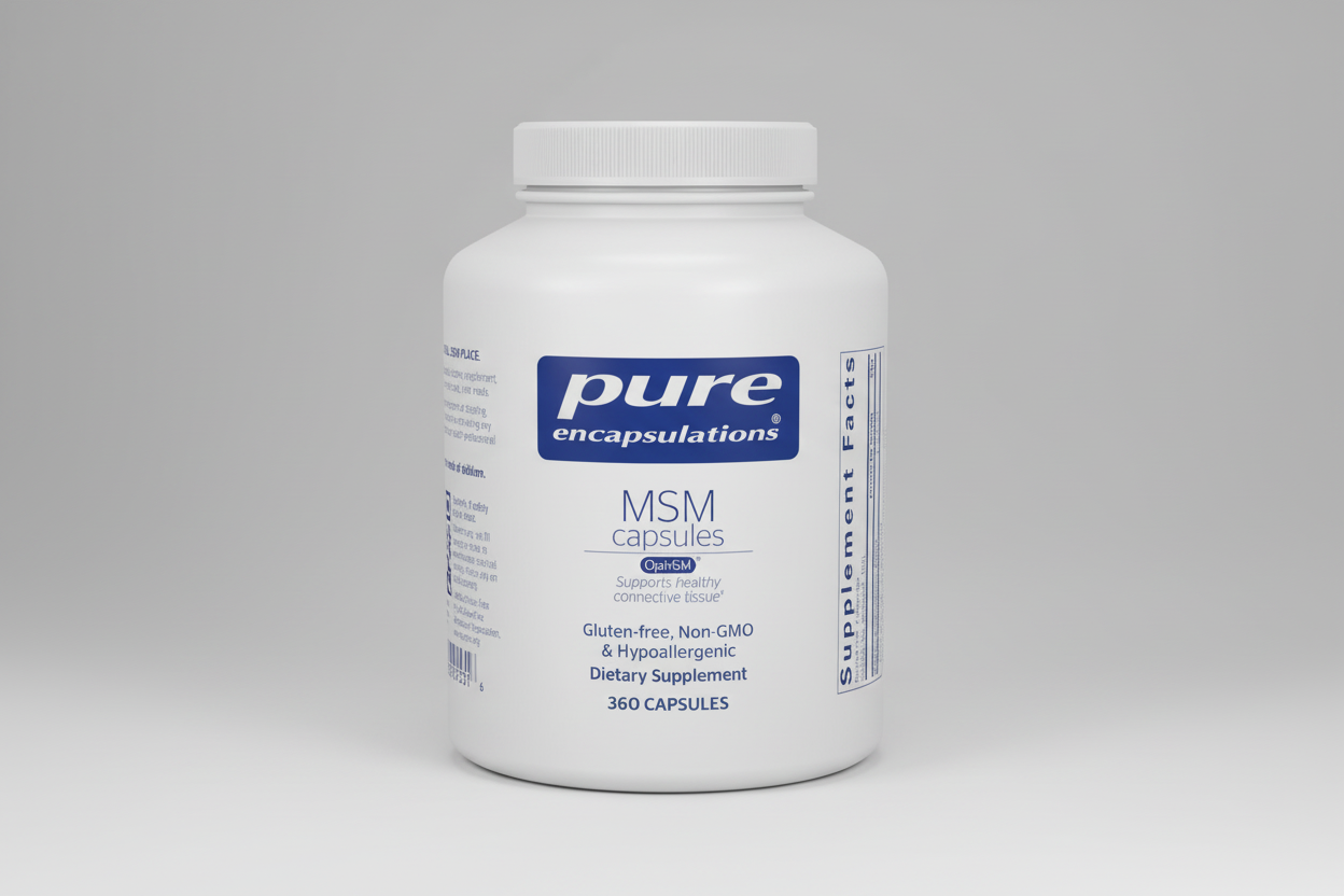 White container of pure encapsulations MSM capsules on a white background