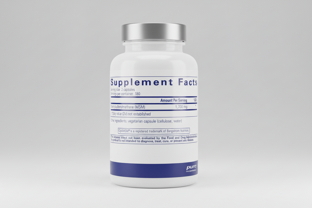 Supplement facts label for Methylsulfonylmethane (MSM) with serving size and container details.