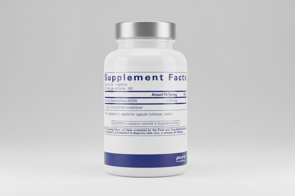 Supplement facts label for Methylsulfonylmethane (MSM) with serving size and container details.