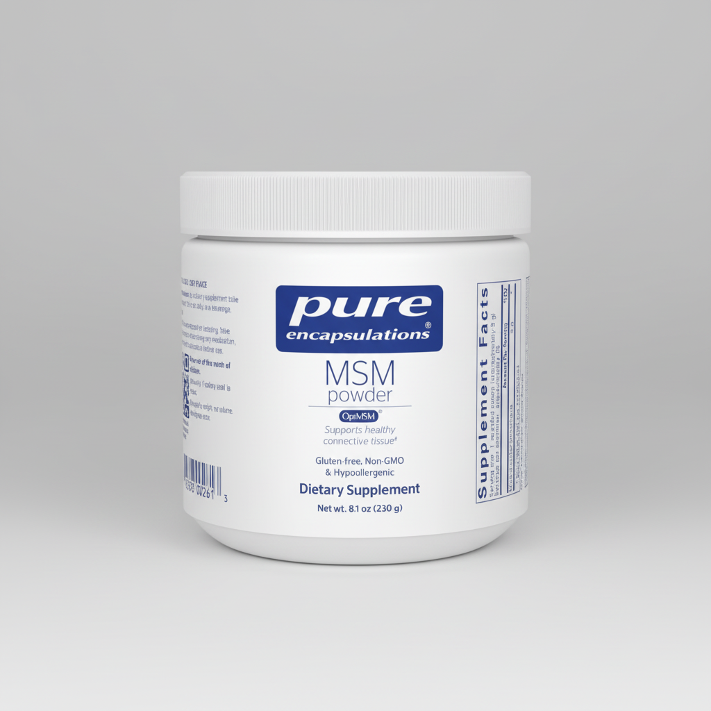 Container of pure encapsulations MSM powder on a white background